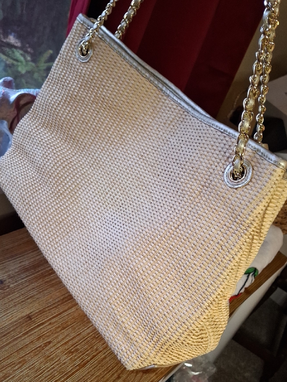 EUC Tory Burch Gold Raffia Shoulder Tote with Tassel - Picture 2 of 10